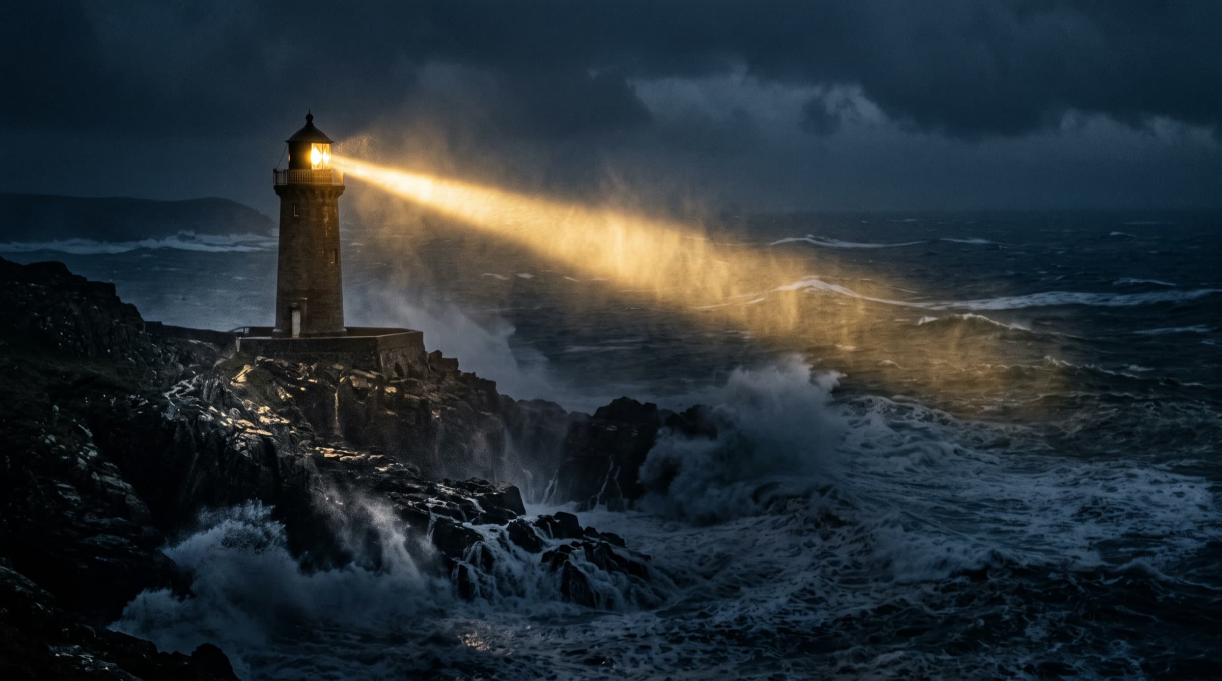 A lighthouse on a rocky point throws its beam over a storm sea at night