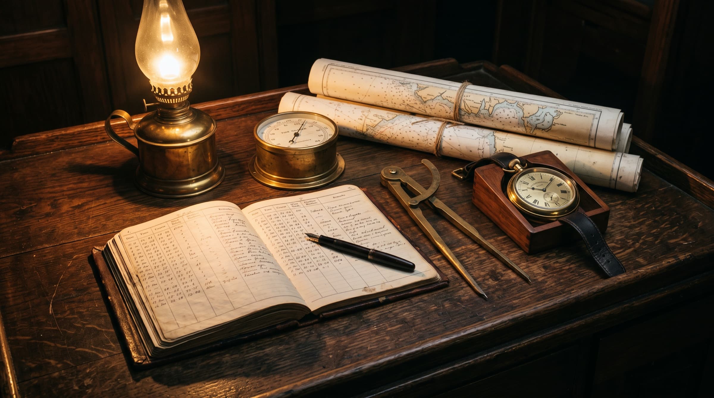 A logbook open on a chart table beside a barometer, dividers and a brass watch, lit by an oil lamp